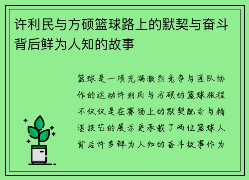 许利民与方硕篮球路上的默契与奋斗背后鲜为人知的故事